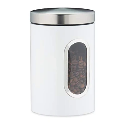 Bild av Relaxdays förvaringsburk med lock och visningsfönster, 1,4 l, för kaffe, mjöl, pasta, kök, metall, vit, 17 x 11 cm