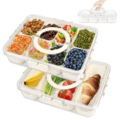 Bild av Comius Sharp Snacklåda med fack, Snackstallrik lock och handtag, 4 fack 8 barns snackskål, snackstallriksorganisatör för godis, frukt, kakor, desserter, grönsaker, nötter (2 pack)