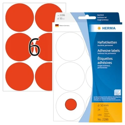 Bild av HERMA 2286 multifunktionsetiketter/runda färgade prickar (Ø 50 mm, 24 ark, papper, matt) självhäftande, permanenta märkningspunkter för handskriven märkning, 144 klistermärken, ljusröd