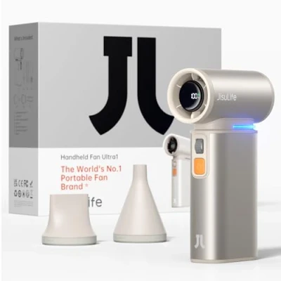 Bild av JISULIFE Bärbar handhållen fläkt med flera funktioner, justerbar hastighet (1100) uppladdningsbar LED skärm, 75 000 RPM, fungerar som datorrengörare, för utomhus/PC/tangentbord brun
