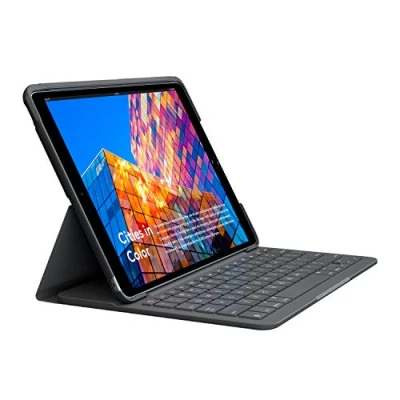 Bild av Slim Folio för iPad Air (3:e generationen). Integrerat trådlöst tangentbord, fyra års batteritid, Bluetooth lågenergi, hållare Logitech Crayon och Apple Pencil (1:a generationen) Grafit
