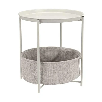 Bild av Amazon Basics Runt förvaringsbord, vitt med gråmelerat tyg, 45 D x B 48 H cm (18 18 18,9 tum)