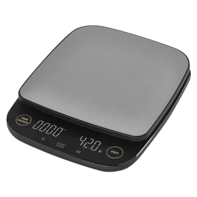 Bild av EMOS digital kaffevåg i rostfritt stål köksvåg för barista 3 kg maximal vikt, 0,1 g precision TARA funktion, timer, LED display g, lb, oz utdragbar upphängningskrok svart