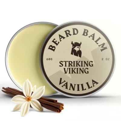 Bild av Striking Viking Vaniljskäggbalsam Stylar, stärker och mjukar upp skägg mustascher Naturligt skäggbalsamvax med ekologiskt sheasmör, teträd, argan jojobaoljor (vaniljdoft)
