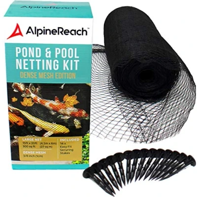 Bild av AlpineReach koi Pond Netting Kit 4,5 m x 6 svart tungt vävt fint nätskydd för löv skyddar fisk från blå häger fåglar katter rovdjur UV skydd återanvändbara och insatser ingår