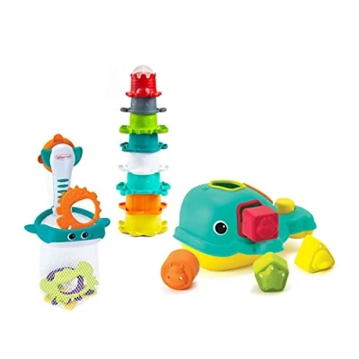 Bild av INFANTINO Ocean Fun Bathtime Playset Including Orca The Shape Sorting Whale, Shoot &#039;n Scoop pals and 8 Colourful Stacking Cups, BPA Free