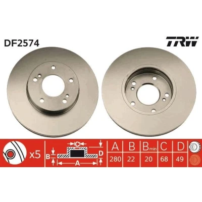 Bild av TRW DF2574 Disque de frein 280 22 5 114,3 ventilé peint NISSAN: Maxima IV QX Berline