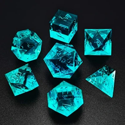 Bild av Bescon Crystal Clear (Unpainted) Sharp Edge DND Dice Set of 7, Razor Edged Polyhedral D&amp;D for Dungeons and Dragons Role Playing Games, Aquamarine Color