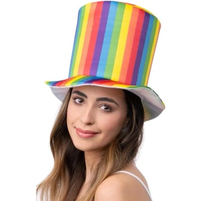 Bild av Smiffys Deluxe pride regnbåge rand topp hatt, regnbåge/gay föremål fin klänning, vuxen utklädningstillbehör