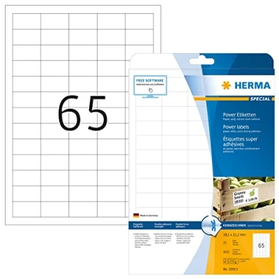 Bild av HERMA 10913 power etiketter A4 (38,1 x 21,2 mm, 25 ark, papper, matt) självhäftande, utskrivbara, extremt stark häftande universella etiketter, 1 625 klistermärken, vit