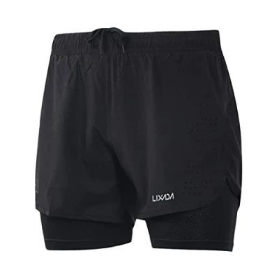 Bild av Lixada 2 i 1 löparshorts för män, snabbtorkande andningsaktiva, aktiv träning, jogging, cykelshorts med längre foder
