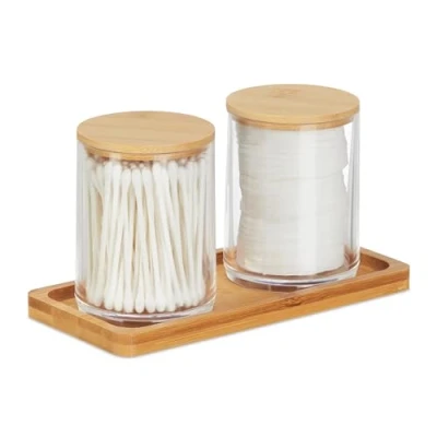 Bild av Relaxdays bomullspinnbehållare med bricka, 2 koppar lock, kosmetisk arrangör plast/bambu, transparent/naturlig