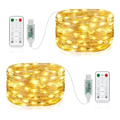 Bild av Vacoulery 2 x 100 lysdioder, ljuskedja, USB, 10 m, USB port med fjärrkontroll, 8 program, timer och koppartråd, ljuskedja inomhus för rum, fest, bröllop, jul