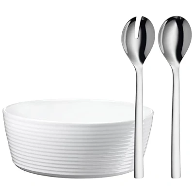 Bild av WMF Nuova Salladsskål set 3 delar, salladsbestick 30 cm med salladsskål, Cromargan polerat rostfritt stål, porslin, diskmaskinssäker