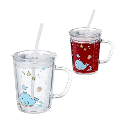 Bild av Relaxdays Barnglas set om 2, valmotiv, dricksglas barn, med handtag, lock och sugrör, 400 ml skala, transparent, 12 x 12,5 9,5 cm