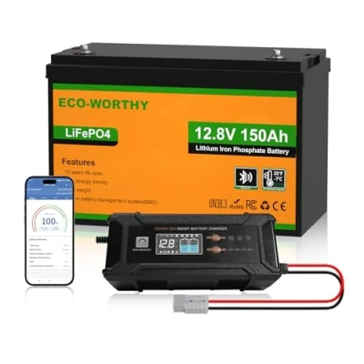 Bild av ECO WORTHY LiFePO4 Bluetooth 12 V 150 Ah med 12/24 20 A laddare, litiumbatteri 120 BMS lågtemperaturskydd och max. 15 000 cykler för husbil, husvagn, båt