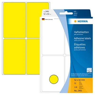 Bild av HERMA 2491 multifunktionsetiketter stora (52 x 82 mm, 32 ark, papper, matt) självhäftande, permanenta hushållsetiketter för handskriven märkning, 128 klistermärken, gul