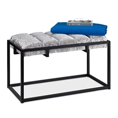 Bild av Relaxdays sittbänk, vadderad hallbänk med sammetsöverdrag, H x B D: 47 80 40 cm, metall, elegant sängbänk, grå/svart