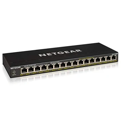 Bild av Netgear GS316PP 16 port Gigabit Ethernet LAN PoE switch (med x 183 W, Plug and Play nätverksbrytare, skrivbord eller väggmontering, fläktlöst metallhölje), svart