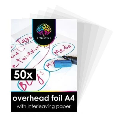Bild av OfficeTree 50 acetatark A4 laserskrivare synlighetsfilm övergripande projektorblad för optimal utskrifts och projektionskvalitet OHP Transparency ark