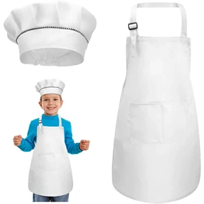 Bild av 1 set Barnkock Förkläde och Mössa, Vita Förkläden för barn, Justerbara Kock Småbarn, Barn Förkläde, Tjejer Barnkök med 2 Fickor 3 till 6 år, vit, M 1Set