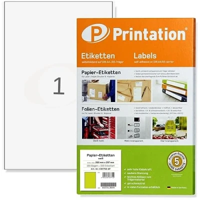 Bild av Printation 4458 3418 3478 set med 100 st vita utskrivbara klistermärken 200 x 297 mm (DIN A4) för A4 ark 1