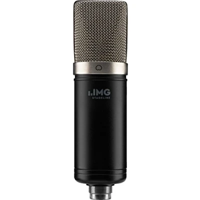 Bild av IMG STAGELINE ECMS 70 stormembran kondensatormikrofon, vokal och instrumentmikrofon för professionell studio användning inklusive mikrofonhållare, adapterskruv läderficka, i svart/silver