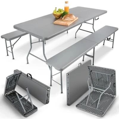 Bild av Arebos öltältsset 3 delat set bord + 2 x bänk tältset för inomhus utomhus ölbordsset hopfällbart &amp; med bärhandtag campingbord antracit