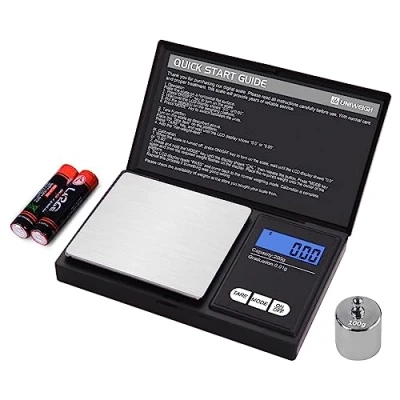 Bild av UNIWEIGH 200 g digital våg, 0,01 g/0,001 oz, gram och uns, elektronisk smart mini fickvåg med 100 kalibreringsvikt, för spannmål, guld, smycken, el, LCD