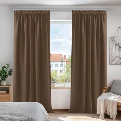 Bild av Deconovo Ogenomskinliga gardiner mörkläggningsgardiner med krusband för sovrum, 200x140cm (höjd x bredd), Brun, Set 2