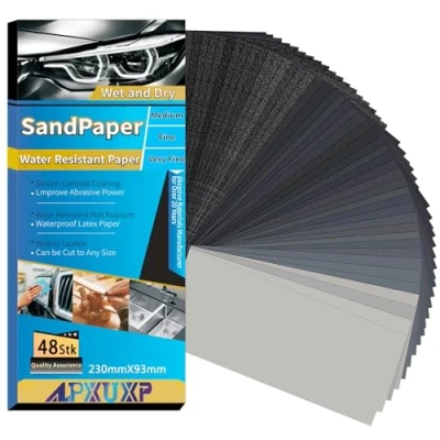 Bild av ALPXUXP Sandpapper 240 korn till 10000 48 ark vått och torrt svart slippapper,Lämplig för slipning polering av bilplåt, fordonsljus、 metall, trä, plast andra materia