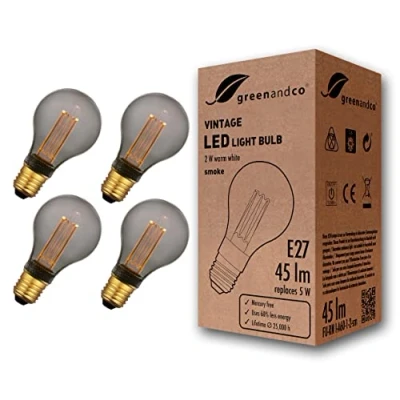 Bild av 4x greenandco® LED vintage retro glödtråd glödlampa rök Edison stil E27 A60 2W 45lm 2000K (extra varm vit) 320 230V glaslampa, ingen flicker, ej dimbar