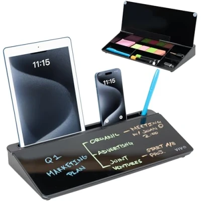 Bild av Vivo Glass 40,6 x 17,78 cm torr raderbar bräda med förvaring, skrivbord whiteboard organiserare dolda fack och enhetsfack, svart, skrivbords WB16B