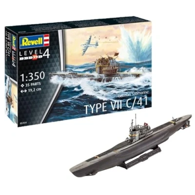 Bild av Revell 05154 12 Tysk ubåt Typ VII C/41 modellbygge, skala 1:350, nivå 4, ubåt, skalenlig kopia, längd 19,2 cm, 144 År
