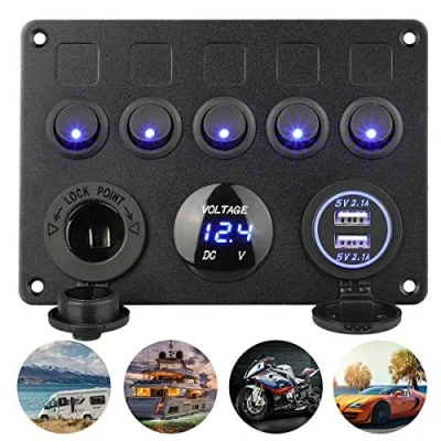 Bild av Tawvemi 5 gängs strömbrytare kontrollpanel LED brytare 12 V/24 V bil båt fordon vippströmbrytare panel marin 2 USB och voltmeter cigarettändare (blå)