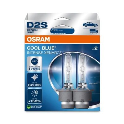 Bild av OSRAM XENARC COOL BLUE INTENSE D2S, 150% mer ljusstyrka, upp till 6 200K, xenonstrålkastare, LED look, Hängande hopfällbar låda (2 lampor)