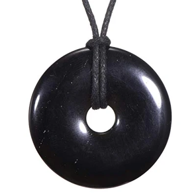 Bild av Morella damhalsband 80 cm med donut ädelsten hänge svart obsidian i sammetspåse