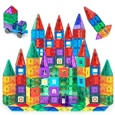 Bild av Playmags 150 Piece Set Starkare Magnets Robust super tålig med Vivid Clear Color Tiles 18 Clickins tillbehör för att förbättra din kreativitet Inkluderar Connectivity Car