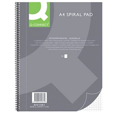 Bild av Q Connect Spiral anteckningsblock A4 rutigt/80 ark/160 sidor/anteckningsbok spiralblock collegeblock/anteckningsblock med spiralbindning/skolblock skrivblock