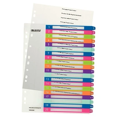 Bild av Leitz WOW Utskrivbart register, A4, extra brett, 20 numrerade flikar, polypropen, vit/multi, 12450000