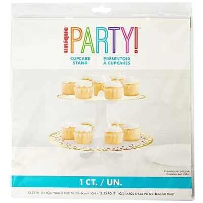 Bild av Unik elegant vit och guld 2 lagers guldfolie kartong muffinsställ 31 cm x 24 (1 st) Perfekt för födelsedagar, bröllop, fester speciella evenemang