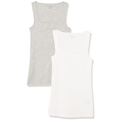 Bild av Amazon Essentials kvinnors Slim Fit Square Neck Tank, 2 pack, vit/ljusgrå ljung, liten