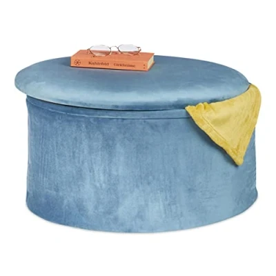 Bild av Relaxdays Sittpall med förvaringsutrymme, sammet, vikbar, vadderad, förvaringspall rund, sammetspall, H x D 31 57 cm, Petrol