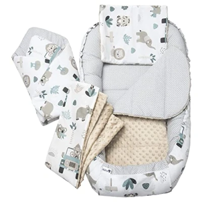Bild av Medi Partners Babybost, babyset för nyfödda 100 x 60 15, gosigt bo i 5 delar, bärbart bo, dubbelsidig babybo, säng, 100% bomull (mint zoo med beige minky)