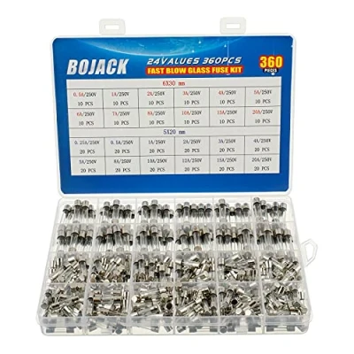 Bild av BOJACK 24 värden 360 st. glassäkringar sortiment 5 x 20 mm 250 V 0,25 0,5 1 2 3 4 8 10 12 15 20A 6 30 7 paket i en genomskinlig plastlåda
