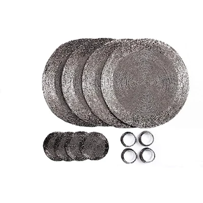 Bild av Penguin Home® Set med 12 glasunderlägg och servettringar i glaspärlor antik silverfärg runda bordstabletter handgjorda av skickliga indiska hantverkare diameter 32 cm (13 tum)