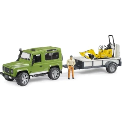 Bild av bruder 02593 Land Rover Defender Station Wagon med enaxlad släpvagn, JCB mikrogrävmaskin 8010 Cts, byggarbetare 1:16 pick up terrängfordon jeep fordon grävmaskin byggfordon bworld arbetare