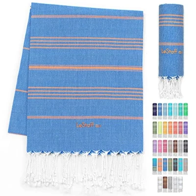 Bild av LeStoff den traditionella hamamhandduken Strandhandduk Badhandduk Bastuhandduk Duschhandduk Spa Sport Yoga Resor 100% Ekologisk Bomull Förtvättad Det hållbara alternativet till frotté. (95 x 180 cm, Sky Blue Orange)