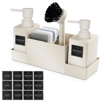 Bild av Diskbänksarrangör, köksförvaring, plastdiskbänksset med diskmedelsdispenser, borste och disksvamp, diskbänksorganisatör tvåldispenser svampborste, Beige