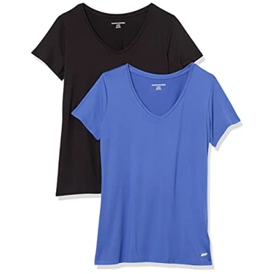 Bild av Amazon Essentials Dames Tech stretchig kortärmad V ringad T shirt (finns i plusstorlek), 2 Pack, Ljusblå/Svart, XL